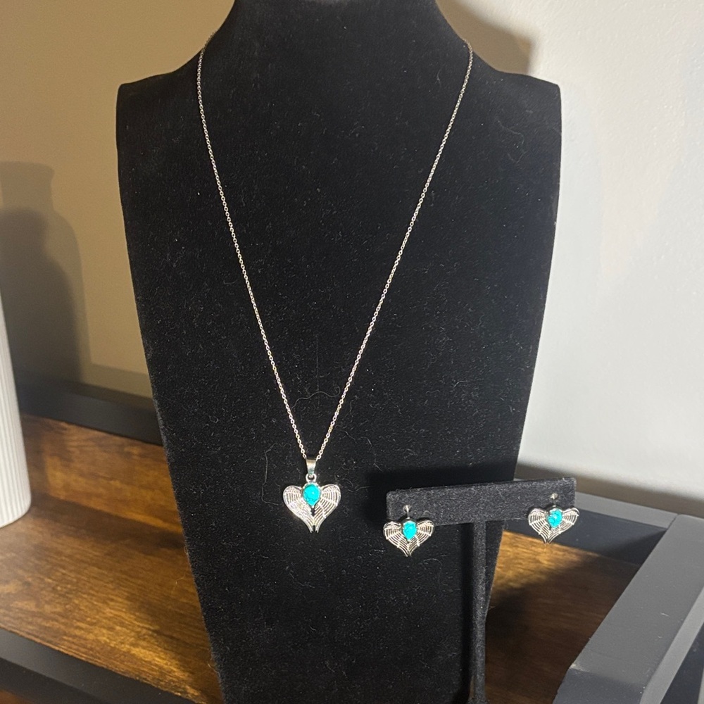 Silver Heart Necklace and Earring Set with Turquoise Accents